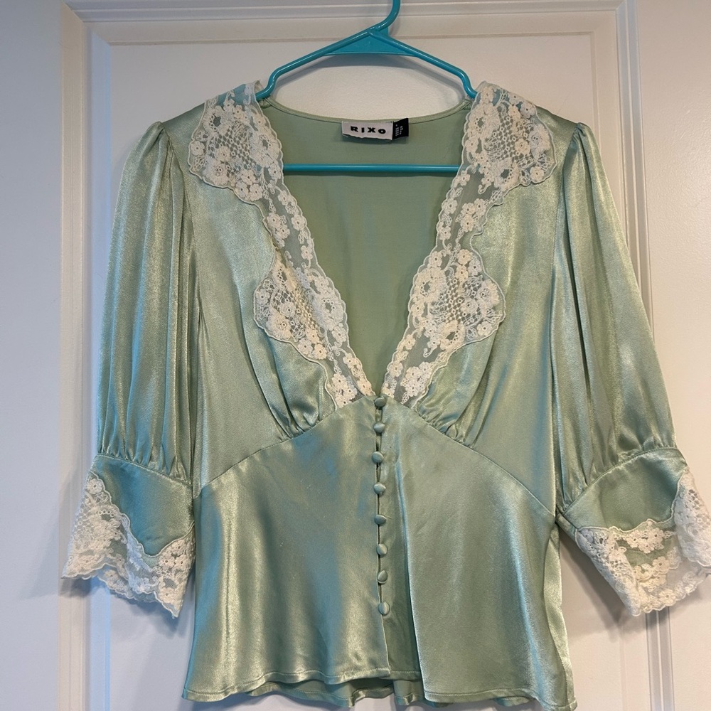 RIXO Light Green Silk Top